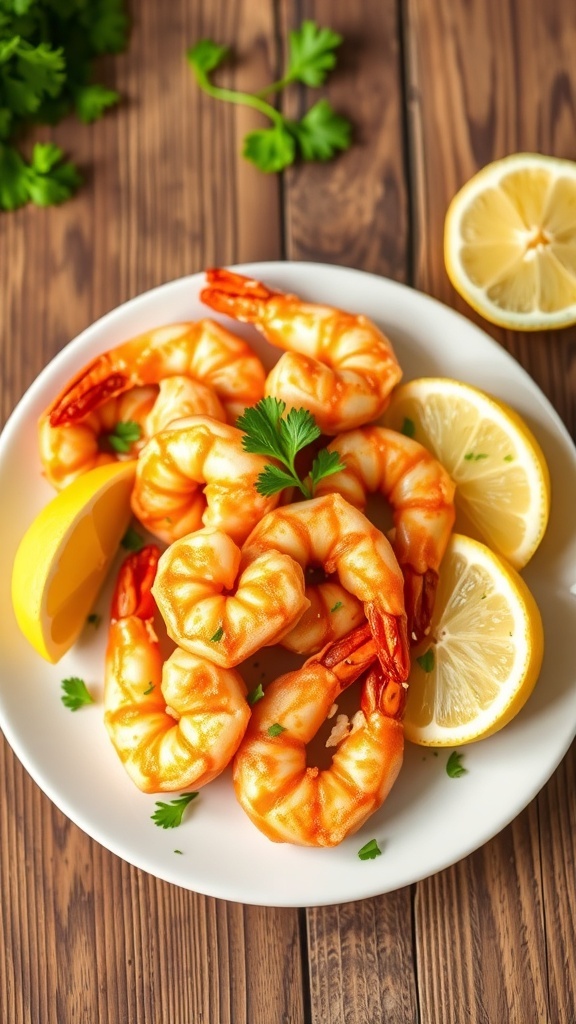 Crispy Air Fryer Shrimp with Cornstarch Crispy air fryer shrimp served with lemon wedges and parsley on a rustic plate.